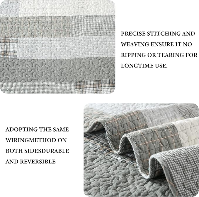 Y-PLWOMEN Quilts Queen Size - 100% Cotton Grey Queen Quilt Farmhouse Plaid Quilted Bedspread, 3 Pieces Lightweight Reversible Queen Size Quilt Bedding Set for All Season