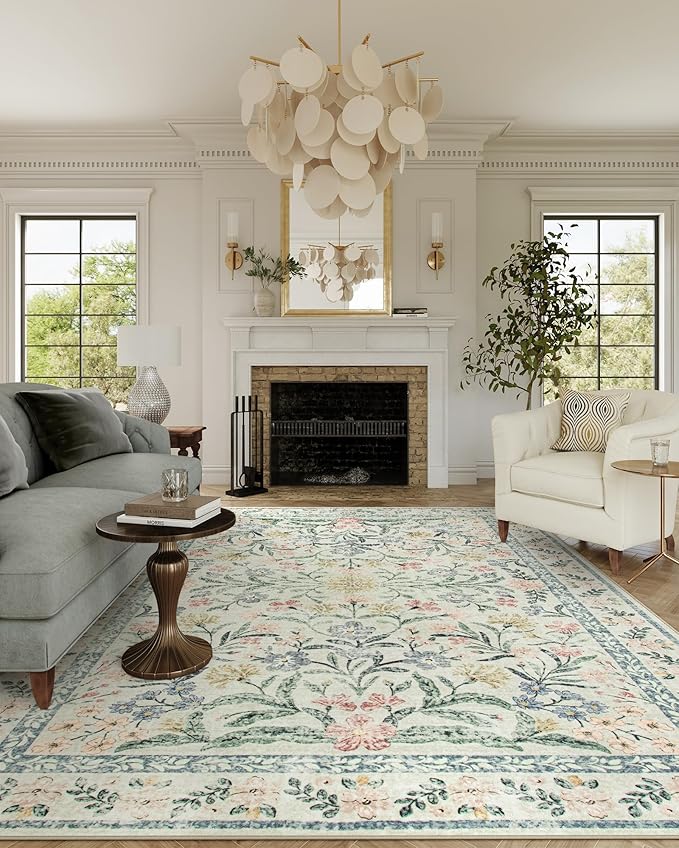 Wonnitar Large Living Room Rug, Floral 10 x 14 Machine Washable Area Rugs, Soft Boho Ultra-Thin Non-Shedding Indoor Aesthetic Carpet for Bedroom Dining Room Office