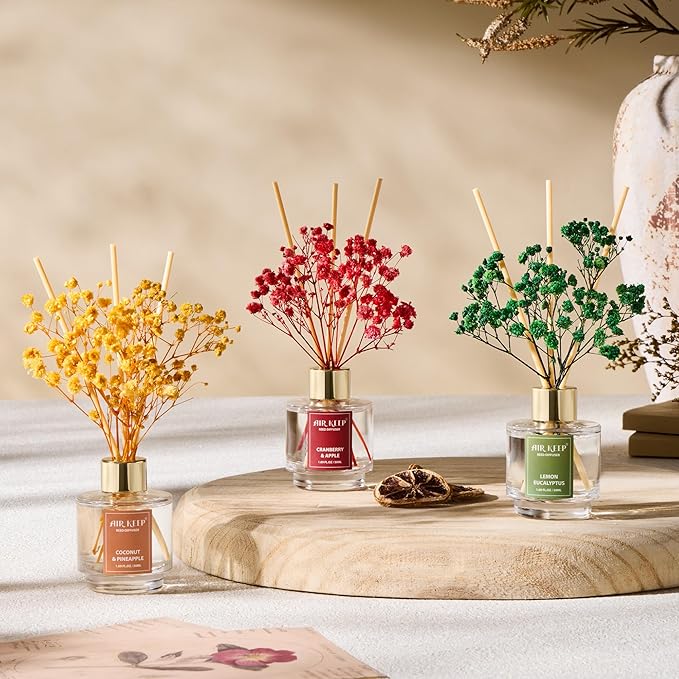 Airkeep Reed Diffuser Set of 3, Coconut Pineapple Lemon Eucalyptus Cranberry Apple Oil Reed Diffusers for Bedroom Living Room Office Aromatherapy Oil Reed Diffuser for Gift 50ml x 3