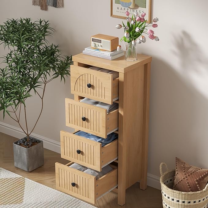 4 Drawer Dresser for Bedroom 36.81''Tall Modern Chest of Drawers with Fluted Panel Wood Storage Dresser Organizer with Deep Drawers for Nursery Living Room Hallway (1, Wood Color)