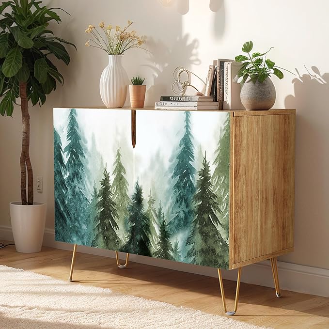 SIGNWIN Sideboard Buffet Cabinet, Kitchen Storage Cabinet with 2 Doors, Pastel Watercolor Pine Trees, Cupboard Console Table for Dining Room - 35" L x 18" W x 29" H