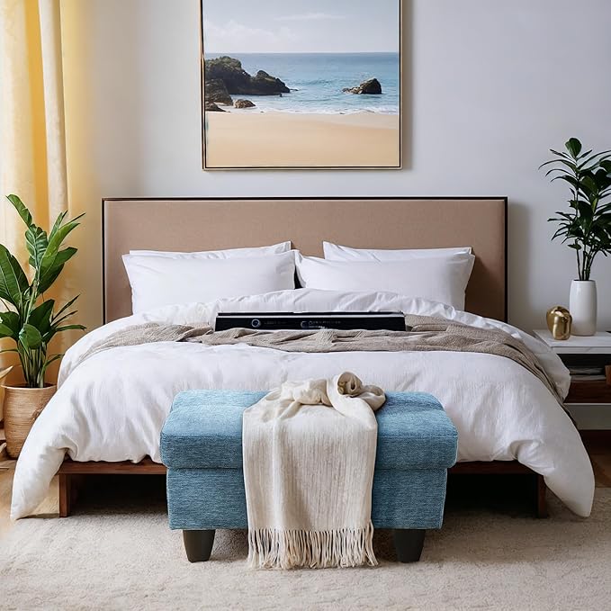 Ottoman Rectangular Storage Ottoman Bench, Flannel Footrest Stool Footstool with Lid for Living Room, Bedroom, Entryway, Light Blue, 28.5"x19"x17.5"