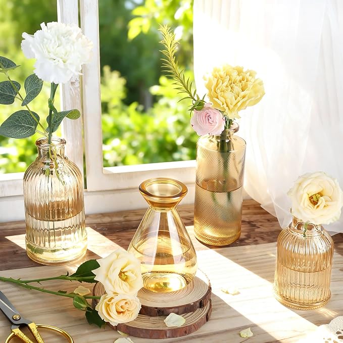 Amber Glass Bud Vases Set of 36, Mini Flower Vase for Centerpieces, Small Clear Vases in Bulk for Wedding Decorations, Vintage Vase for Table, Recepetion, Home Décor