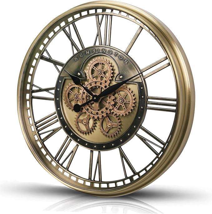 CLXEAST 28 Inch Gold Moving Gear Wall Clock for Modern Living Room Decor,Oversized Large Metal Roman Numeral Wall Clocks for Farmhouse Home Décor,House Warming Gifts New Home