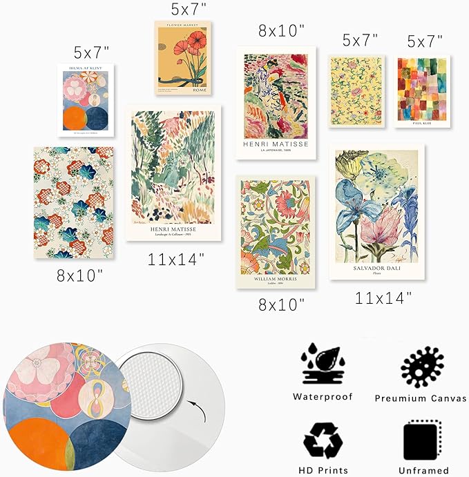 KBKBART Colorful Eclectic Wall Art Prints, 9 PCS Vintage Eclectic Wall Decor Matisse William Morris Flower Market Maximalist Home Decor, Trendy Maximalism Famous Artist Painting Pictures for