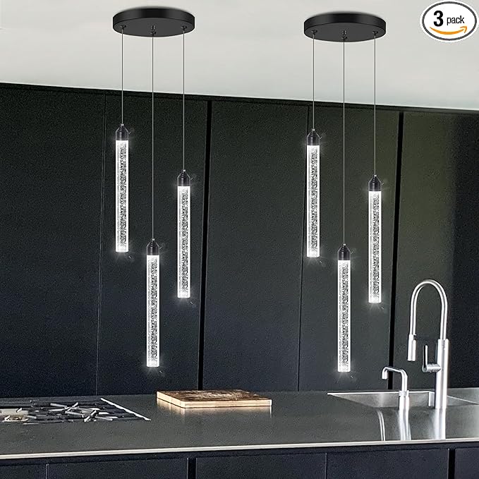3 Light Black Pendant Lighting Mini Chandelier for Kitchen Island Modern Crystal LED Pendant Light Adjustable Dimmable Pendant Light Fixture for Dinning Room Bedroom Ceiling Hanging Lights 2700K 6000K