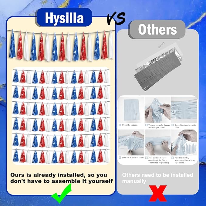 3P Red Blue White Foil Fringe Metallic Tassel Streamers Banner Tassel Garland for Parade Floats, Bachelorette, Wedding, Birthday, Halloween, Christmas, Bridal/Baby Shower Party Decorations