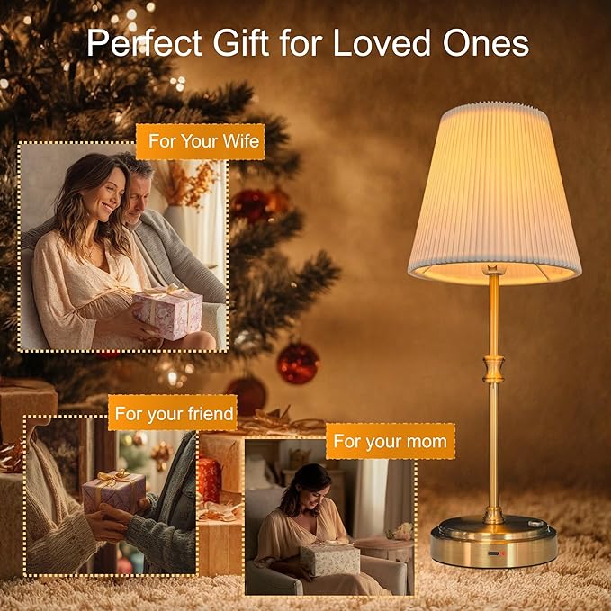 Cordless Table Lamp Rechargeable Vintage Gold-5000mAh Battery Operated Lamp for Decor, 2700K Stepless Dimming Touch Control Wireless Lamp for Bedroom, Living Room, Office, Dormitory