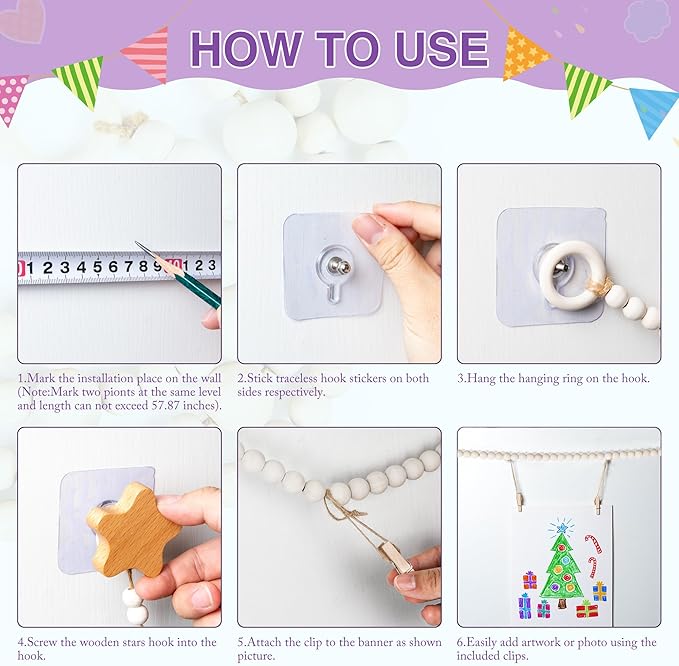 KOLLIEE Kids Artwork Display Art Wall Decor 4.93ft Boho Wooden Beaded Garland Collage Holder with Hanging Rings Stars Hook 40 Wood Clips for Kids Artwork Photo Room Bedroom Decor(Big Wooden Beads)