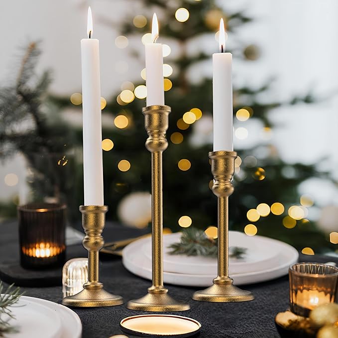 3-Piece Metal Candle Holders Set - Heavy Duty Alloy Taper Candlesticks for Table Centerpiece, Christmas, Dinner Party, Vintage Home Decor - 5-7.5 -10.3Inch Tall, Antique Gold Finish (Gold)