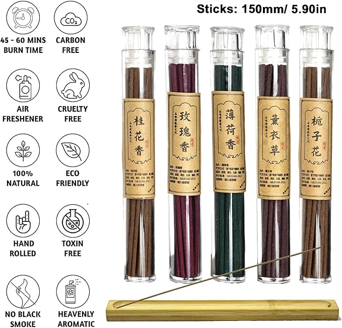 Chinese Incense Sticks Gift Set - Pack of 5 (120 Sticks) Lavender, Osmanthus, Rose, Gardenia, Mint Natural Scent Gifts