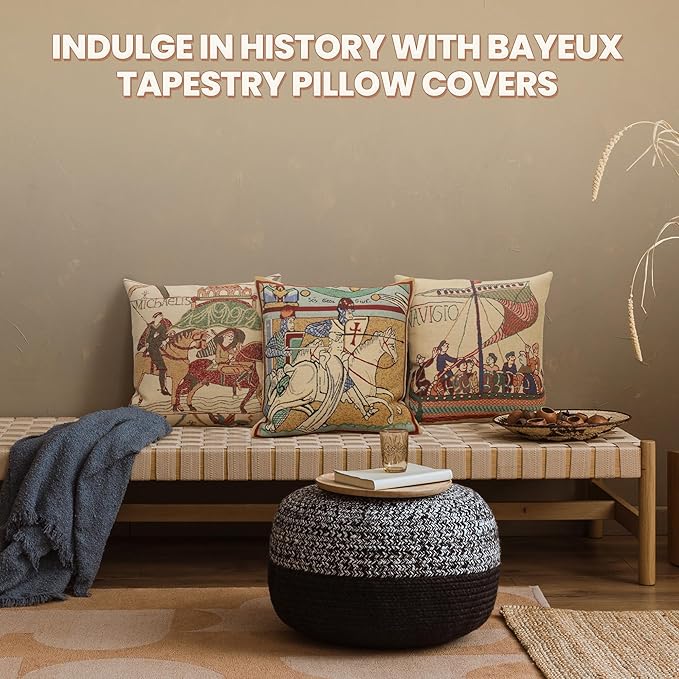 Charlotte Home Furnishings Bayeux Mare Throw Pillow Cover 16" x 16" – Medieval Ship Decorative Tapestry Cushion Case for Sofa, Couch, & Bed | Cotton Jacquard Woven in Europe | Insert Not Included