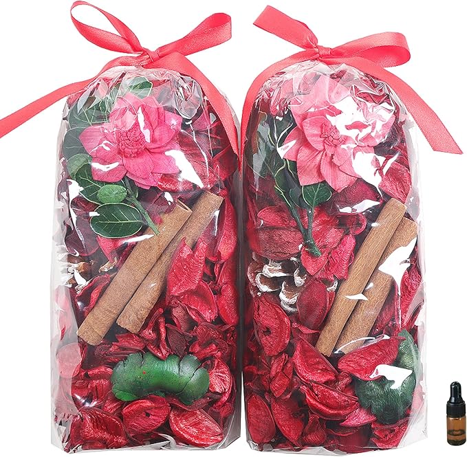 Qingbei Rina Christmas Potpourri Bags,Cinnamon Scented Potpourri Bowl Filler,Red Decorative Dried Flowers Home Fragrance Sachet,Winter Holiday Vase Filler Decor,8.4 oz