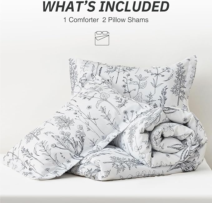 Love's cabin White Full Size Comforter Set - Comforter Set Full, 3 Pieces Cute Floral Bedding Sets for All Seasons,1 Soft Reversible Botanical Flowers Comforter and 2 Pillow Shams