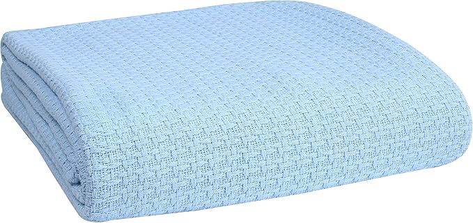 Elvana Home 100% Cotton Bed Blanket, Breathable Bed Blanket Twin Size, Cotton Thermal Blankets Twin, Perfect for Layering Any Bed for All Season, Light Blue