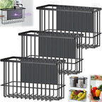 3 Pcs Magnetic or Adhesive Refrigerator Organizer Magnetic Baskets Kitchen Holder for Refrigerator Metal Shelf Rack Storage with 2 Types of Installation(Black)