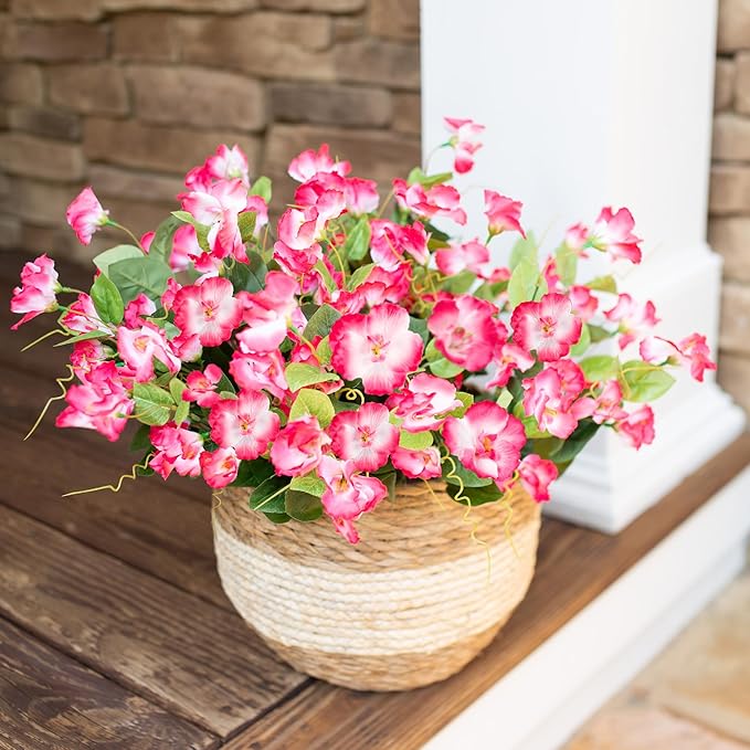 Hibiscus Artificial Flowers Plants for Outdoors Decoration, 6 Bundles Silk Hibiscus Bouquet Tropical Flowers Artificial Realistic UV Resistant Fake Flower for Outside Planter Porch Patio Balcony, Pink