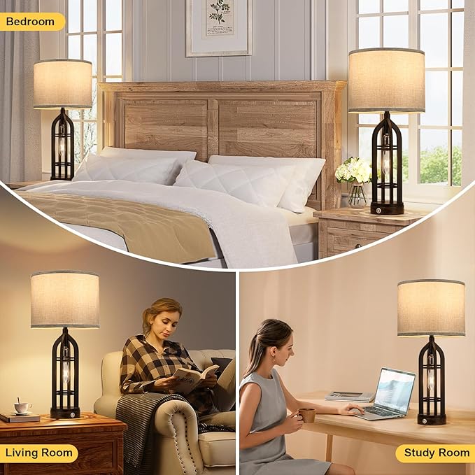 Seealle Table Lamp for Living Room Set of 2 - Bedside Lamp for Bedroom with USB C+A & Outlet, Farmhouse Lamps for Night Stands, 3-Way Dimmable Touch Lamps for Living Room with Grey Shade
