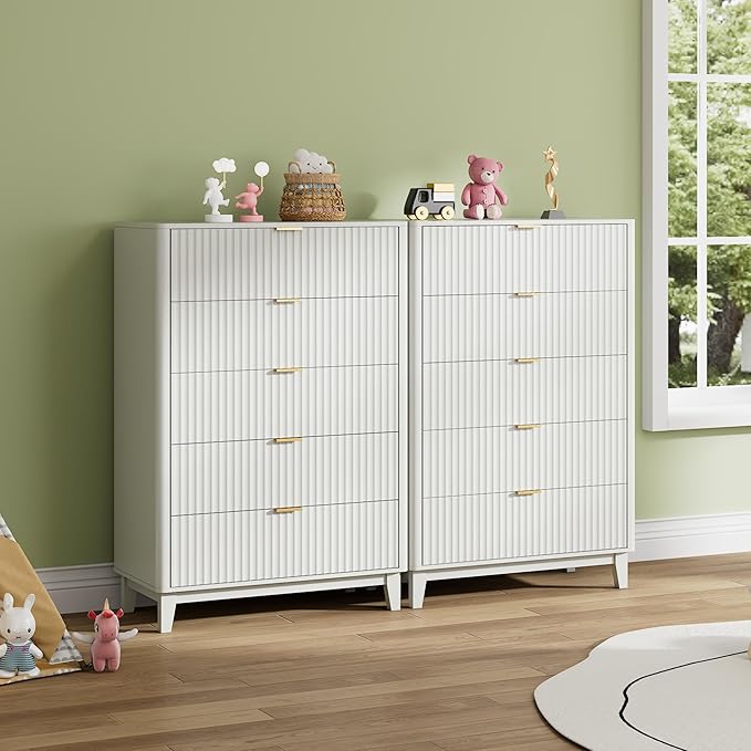 WLIVE Fluted Dresser for Bedroom with 5 Drawers, 46.26" Tall Wood Dresser with Golden Metal Handles, Mid Century Modern Chest of Drawers for Living Room, Hallway, Closet, Solid White