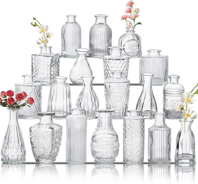 Glass Bud Vase Set of 20, Small Flower Vases, Glass Vases for Centerpieces, Vintage Home Table Decorations Bud Vases (20 Pcs, Clear)