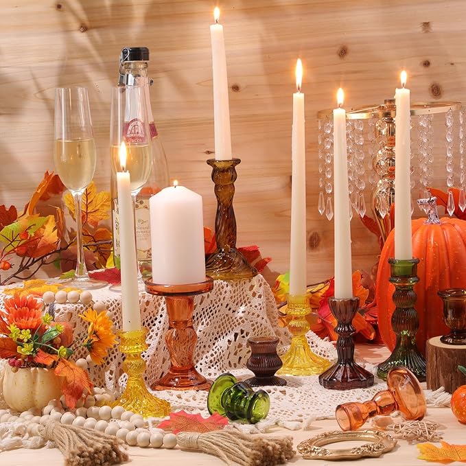 Mumufy 20 Pcs Glass Crystal Taper Candle Holders Clear Glass Candlestick Holder Fit 0.8 Inch Candles Crystal Decorative Candle Stand Centerpiece Table Wedding Dining Party(Fall Color)