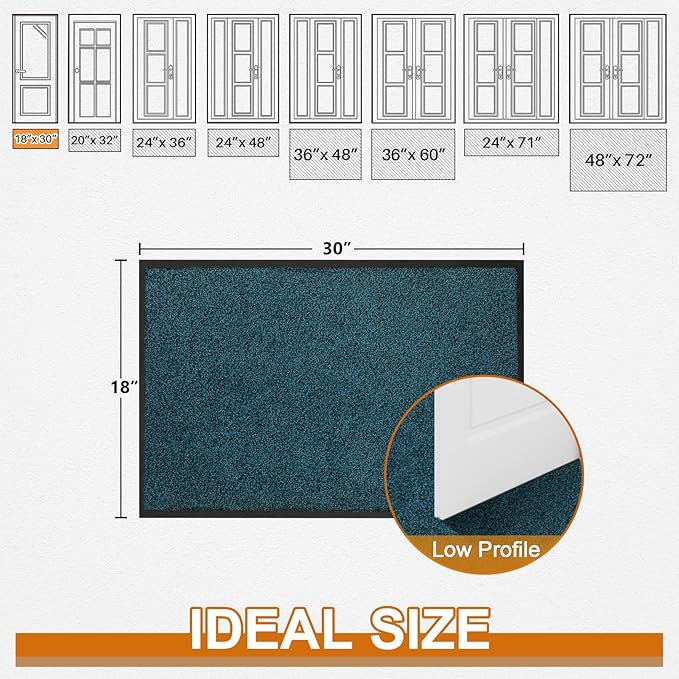 Mibao Front Door Mat, Dirt Trapper Welcome Mat for Outdoor Indoor, Non-Slip Waterproof Doormat, Durable Machine Washable Low Profile Entry Rug for Back Door Outside Patio Porch, 30" x 18", Blue