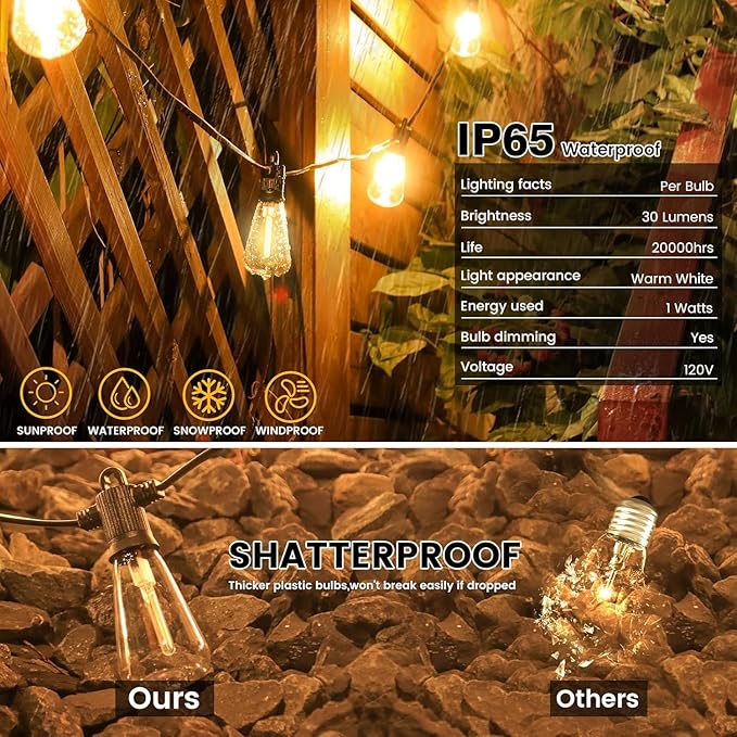 Outdoor String Lights, 200FT Patio Lights with 100 Shatterproof ST38 Globe Bulbs(4 Spare), Waterproof Connectable Dimmable LED Hanging String Lights for Outside Backyard Porch Balcony(100FT x 2)