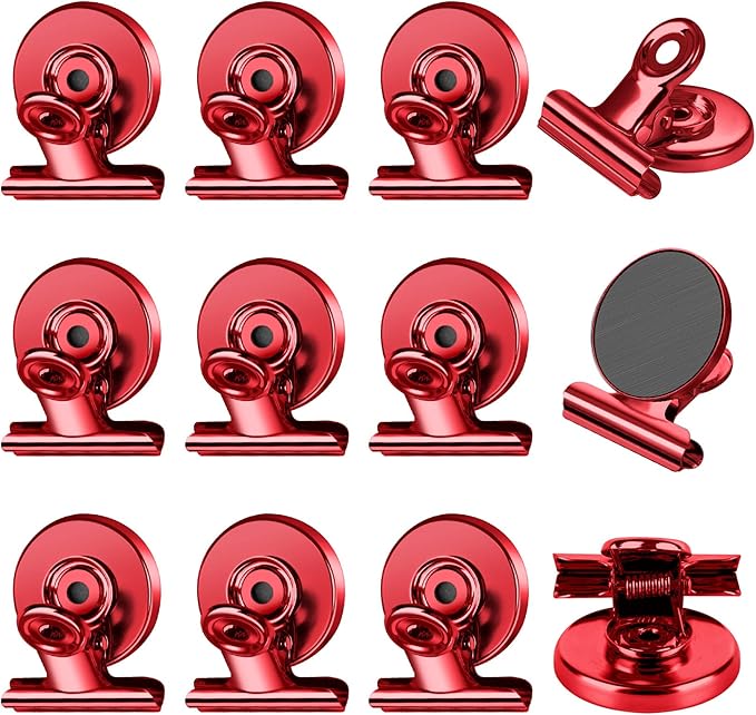 FINDMAG 12 Pack Magnetic Clips for Photo Display, Picture Hanging, Heavy Duty Scratch-Free Fridge Magnet Clips for Whiteboard, Refrigerator, Locker, Kitchen, Office, Magnetic Clips for Photo, Red.