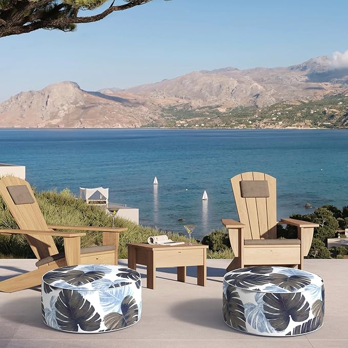 Inflatable Ottoman Stool D21 xH9 for Outdoor/Indoor Use, Water Repellent Patio Foot Rest Stool with Portable Handle,Round Pouf Ottoman Suitable for Garden,Deck and Camping - Monstera Blue