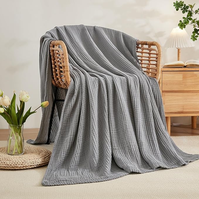 EMME Cotton Muslin Blanket King Size - Soft, Breathable Layering Blanket, 108"x90", All Season Gauze, Grey