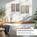 3D Wooden Floral Bathroom Wall Decor (Set of 4) Lightweight, Ready-to-Hang Framed Wall Art For Living Room, Bedroom, or Office - Premium Boho Botanical Farmhouse Decorations - Gift-Boxed