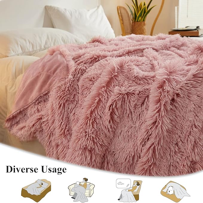 XeGe Plush Faux Fur Throw, Comfy 50x60 Fuzzy Blanket, Luxury Boho Lightweight Couch Blanket, Soft Fluffy Shaggy Lap Throw for Couch Bed Sofa Christmas Housewarming Gift Ombre Pink