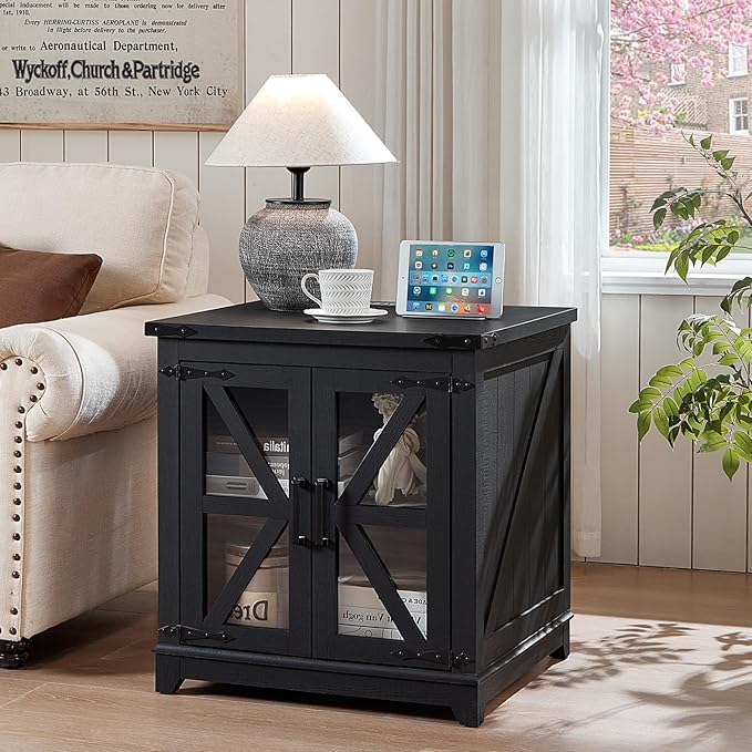 Farmhouse End Table with Charging Station Set 2, 24" Large Sofa Side Table with Glass Barn Door, Nightstand with Adjustable Storage Shelf,Wood Square Bedside Table for Living Room,Bedroom