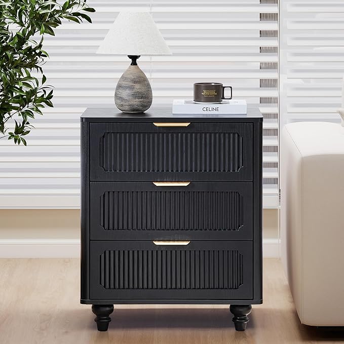 Fluted Nightstand Set 2 22.9'' Wood Nightstands with Drawers Bedside Table Set of 2 Mid Century Drawer Dresser for Bedroom Living Room Black