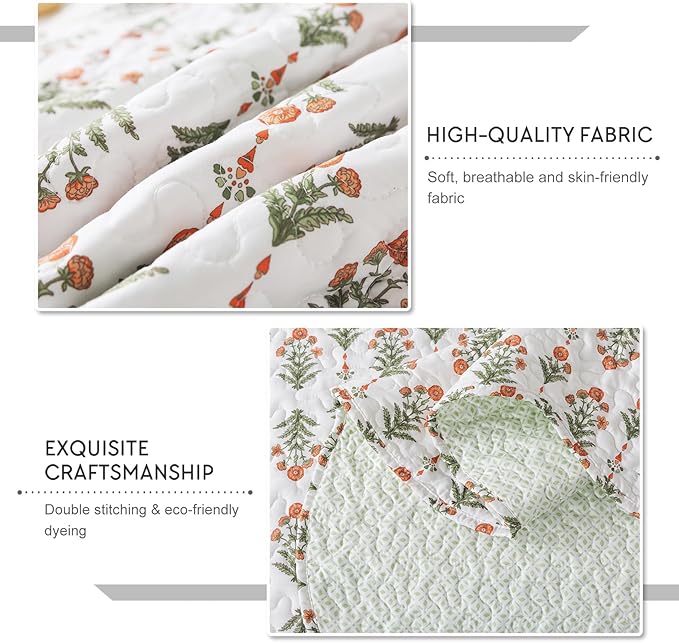 Travan 3-Piece Quilt Set Quilted Bedspread Lightweight Coverlet Set Garden Style Floral Printed Oversized Quilted Bedding Set for All Season, Orange Mirror, Queen Size