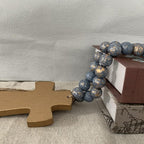 Fenisam 40" Handmade Farmhouse Bead Garland Wood with Tassel, Boho Chic Decorative String Beads Home Décor, Table Tiered Tray Country Wooden Accents (Ocean Mist Gold, Small)