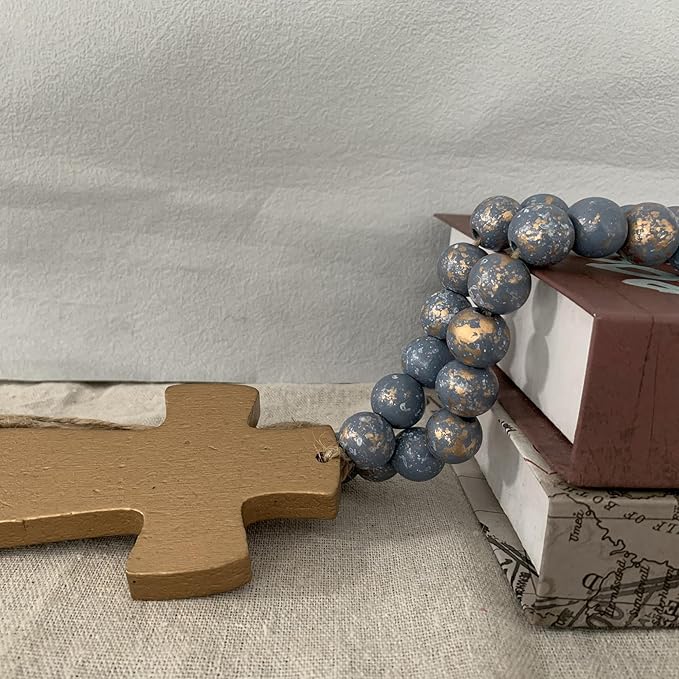 Fenisam 40" Handmade Farmhouse Bead Garland Wood with Tassel, Boho Chic Decorative String Beads Home Décor, Table Tiered Tray Country Wooden Accents (Ocean Mist Gold, Small)