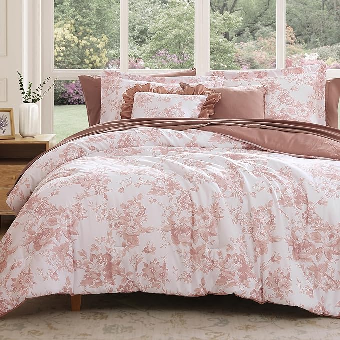 Full Comforter Set -7 Pieces Pink Floral Comforter Set for All Seasons, Bed in a Bag Full with Botanical Flowers Comforter, Sheets, Pillowcases & Shams