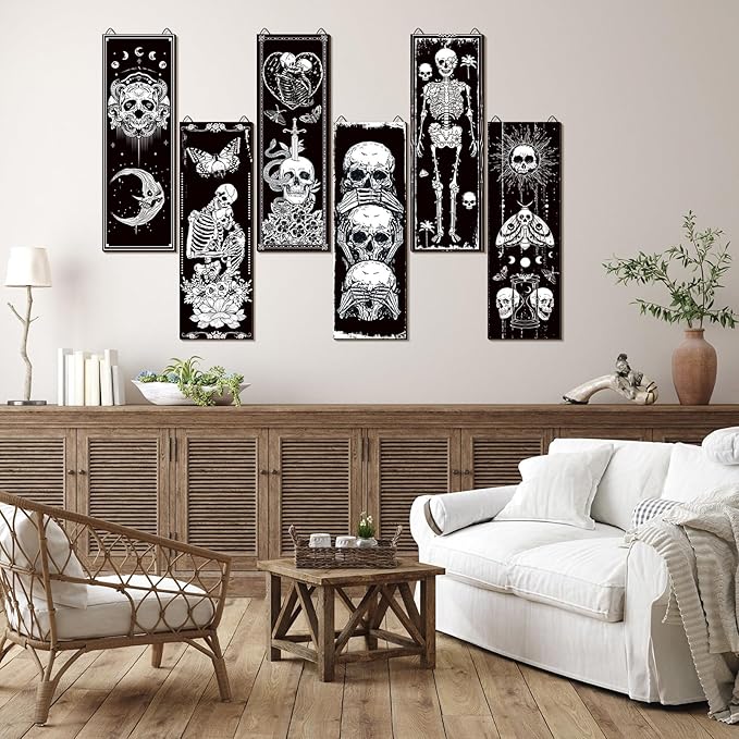 Sintuff 6 Pieces Black Gothic Wall Decor Skull Wall Art Boho Sun Moon Phases Snake Gothic Hanging Wooden Minimalist Skeleton Art Prints Vintage Pediments for Room Living Bedroom Bathroom