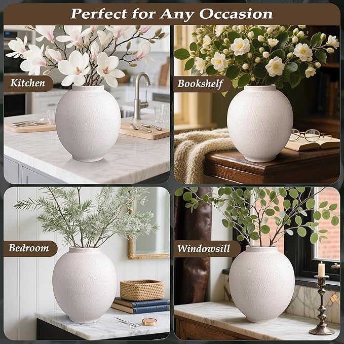 Large Ceramic Vase White Flower Vase,9.8 Inch Tall Big Vase for Home Decor,Minimalist Farmhouse Decorative Vase for Living Room,Dining Table,Bedroom,Kitchen,Entryway,Christmas