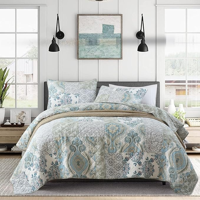 Secgo Queen Size Comforter Set- 100% Cotton Quilt Queen Size Set, Green, Sage bedspreads (90 * 96 Inch) with 2 Pillow Shams, Patchwork Reversible Lightweight Bedding
