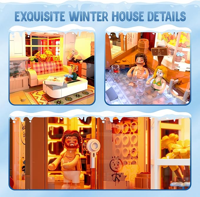 Spa-Cabin Winter Lighting-Building-Bricks Set - 2235 Pcs Christmas House Winter Lodge LED Light Construction Building Christmas Village Model Set for Adults and Families