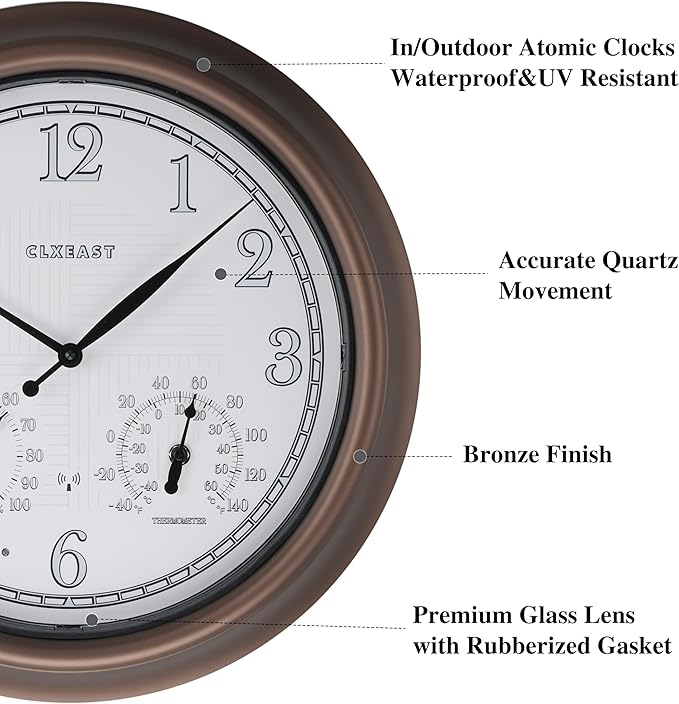CLXEAST 18 Inch Illuminated Outdoor Indoor Atomic Analog Wall Clock with Temperature & Humidity, Lighted Outdoor Clocks for Patio Large Waterproof with Thermometer,Bronze Finish,House Warming Gifts
