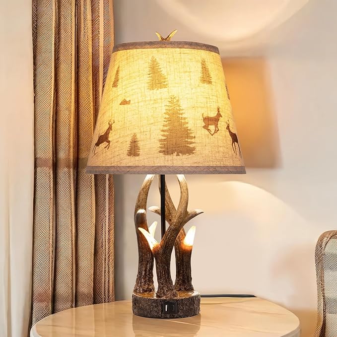 Rustic Antler Table Lamp Set of 2 – Touch-Control 3‑Level Dimming, Dual Light Source with Glowing Antler Night Light, USB‑C & USB‑A Charging Station, Bedroom & Living Room DécorLiving Room