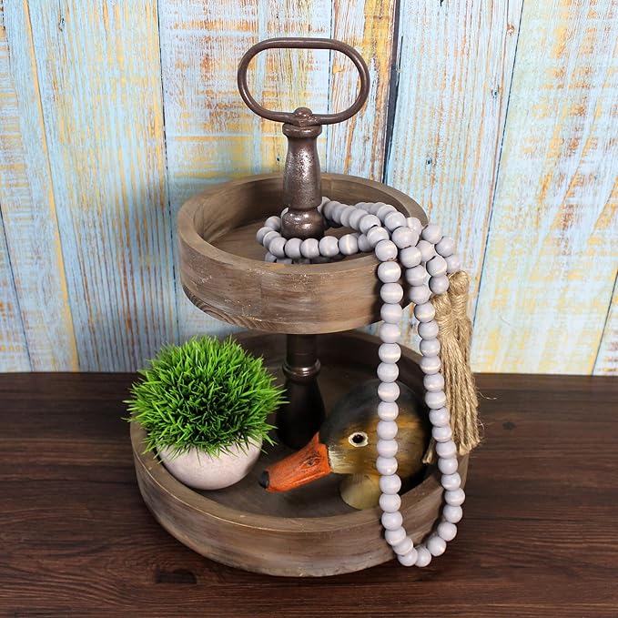CVHOMEDECO. Wood Beads Garland with Tassels Farmhouse Rustic Wooden Prayer Bead String Wall Hanging Accent for Home Festival Decor. Grey Distressed