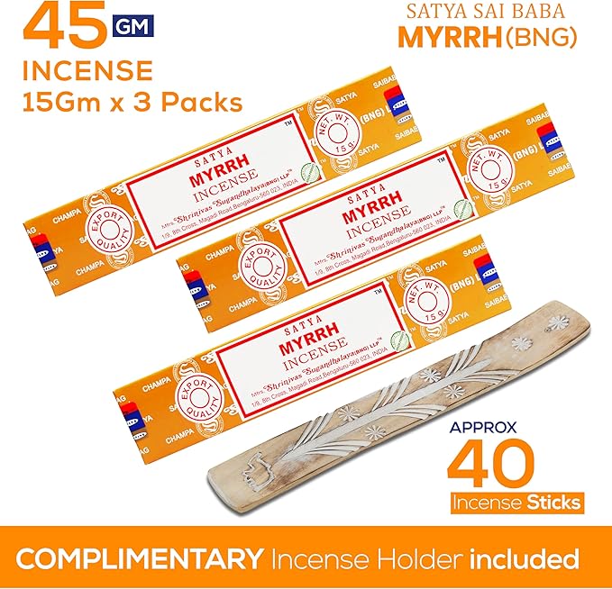 Satya Nagchampa Myrrh Incense Sticks, Satya Bng (Bangalore) Insenses 15gmx3 Pack (45 GMS) with Raajsee Incense Holder Bundle, Satya Nagchampa Natural Incense