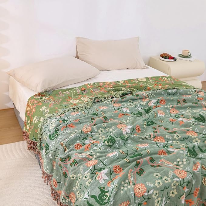 Snycler Boho Throw Blanket for Bed - 100% Cotton Ultra Soft Rustic Quilt Green Blanket - Floral Printed Farmhouse Decor Bed Blankets, 80"×90" All Season Rustic Throw for Sofa Couch Chair