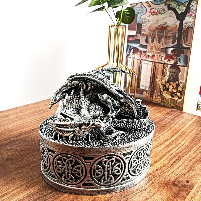 Dragon Statue Jewelry Box, Medieval Fantasy Myth Dragon With Cover Treasure Box, Dragon Statue Decoration Collection Gift Box. (Sliver)