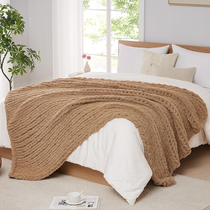 L'AGRATY Chunky Knit Blanket Throw: 72''x84'' Chenille Chunky Knitted Throw Blankets for Bed Couch - Handmade Thick Big Cable Knit Blanket - Large Crochet Rope Blankets for Home Decor(Tan)