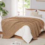 L'AGRATY Chunky Knit Blanket Throw: 72''x84'' Chenille Chunky Knitted Throw Blankets for Bed Couch - Handmade Thick Big Cable Knit Blanket - Large Crochet Rope Blankets for Home Decor(Tan)